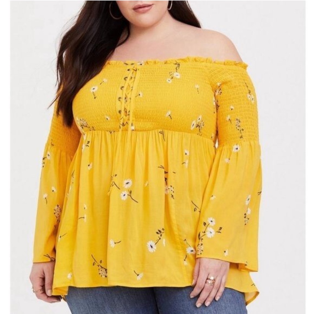 Torrid Yellow Floral Smocked Off-Shoulder Top